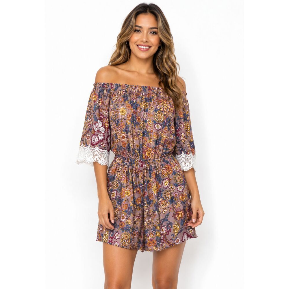 New GIGIO M 8 10 Pull-on Rayon Gauze Floral Lavender Crochet Sleeve Romper
